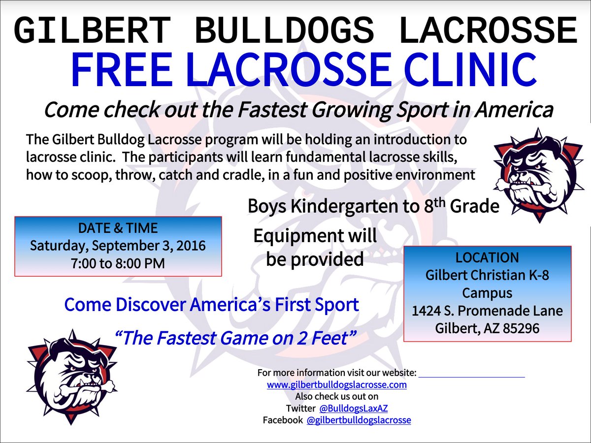 Free Youth Clinics on Saturday 9/3 at 7pm under the lights. All K-8 Boys and Girls Welcome!
gilbertbulldogslax.com