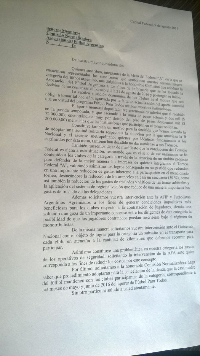 NO ARRANCA - EXCLUSIVO.. El acta que presenta el Federal A.