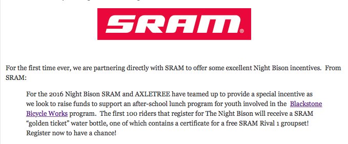 AXLETWEET's tweet photo. Register for Night Bison now at https://t.co/56GZ8ZNhno for your chance at a free @SRAMroad Rival 1 groupset! https://t.co/eG1gh5Bjv2