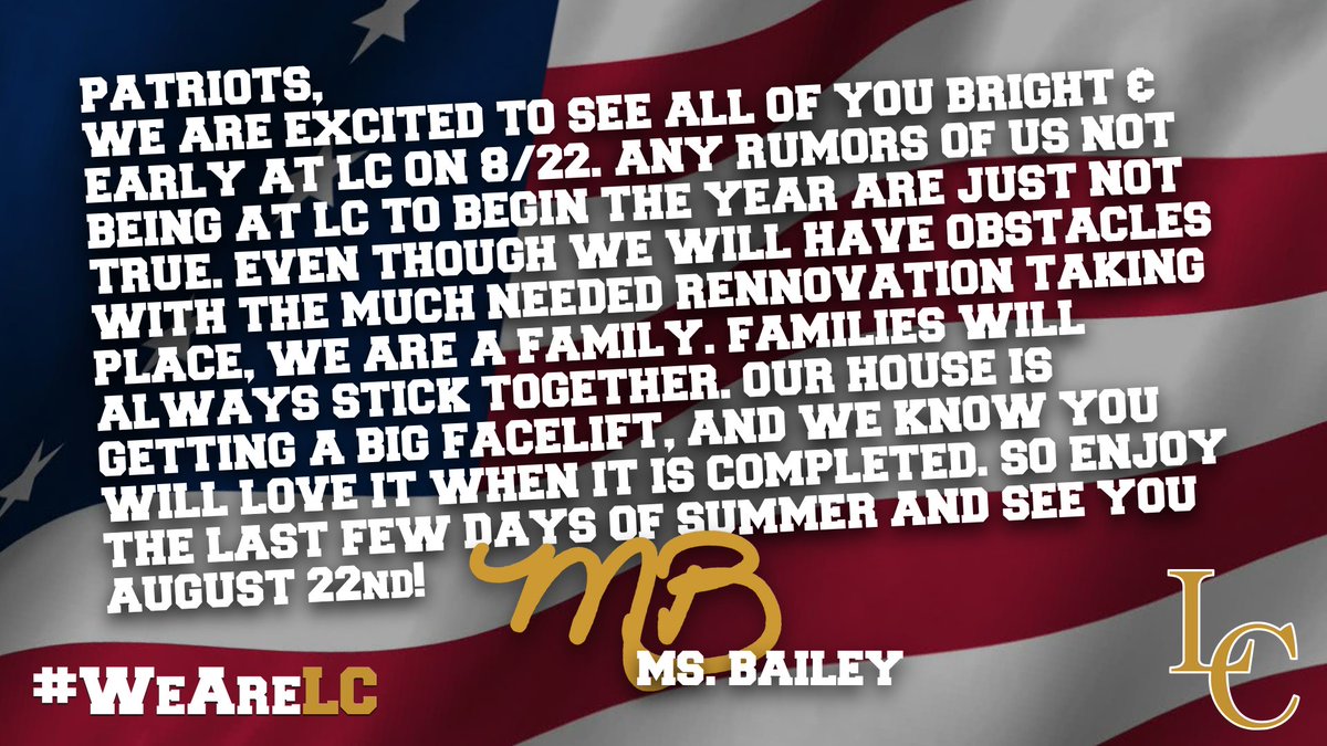 LCHS_Patriots's tweet photo. A message to our Patriots from Principal @maresa_bailey 😀💙💛#WeAreLC #LC40 #LCFamily https://t.co/nWwil6PWLs