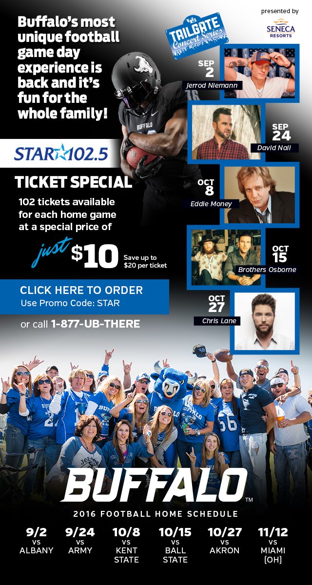 UBAthletics's tweet photo. Check out this special offer from @mystar1025. Only 102 tickets available for each game https://t.co/gHQgHTvDGt https://t.co/1W6p8eAIgm