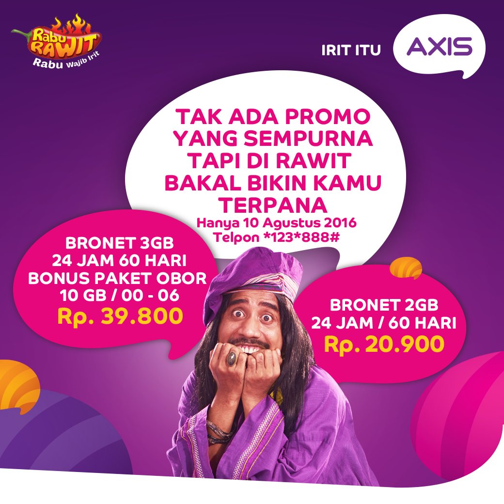 AXIS_NTB's tweet photo. #RabuRawit 
BRONET 3GB, 24 JAM/60HR, BONUS OBOR 10GB (00-06) Rp 39800
BRONET 2GB, 24JAM/60HR Rp 20900
Tlp *123*888# https://t.co/IVk8JzbxAr