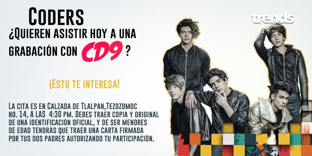 signozodiacaltv's tweet photo. #Coders, ¿quieren asistir hoy a una grabación con los chicos de @CD9? 😍 Pues qué están esperando... ¡CORRAN! 🤓 https://t.co/bLcPE1PZO6