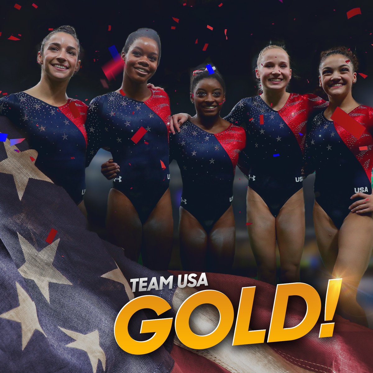 NBCOlympics's tweet photo. .@TeamUSA wins #GOLD in the Women's Gymnastics Team Final! #Rio2016 https://t.co/s3sQmRDH8F