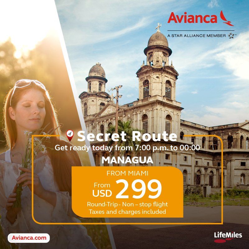 avianca's tweet photo. #USA Find yourself with nature, history and adventure in our #SecretRoute. ¡Fly to #Managua! https://t.co/ay6ts5UB4h https://t.co/cIYWtXgtPF