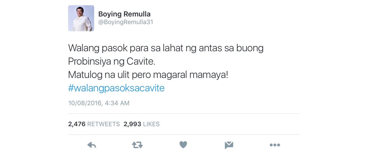OfficialLASO's tweet photo. No classes today as declared by Cavite governor @BoyingRemulla31. Good Morning! #StaySafe ☔️🌧 https://t.co/VZlcEjqT5T