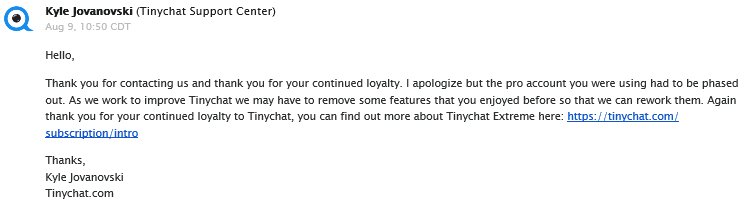 blooberryjam7's tweet photo. For my continued loyalty to tinychat, they removed my Lifetime pro saying it was being phased out, pro still on sale https://t.co/zZjwZrilWg