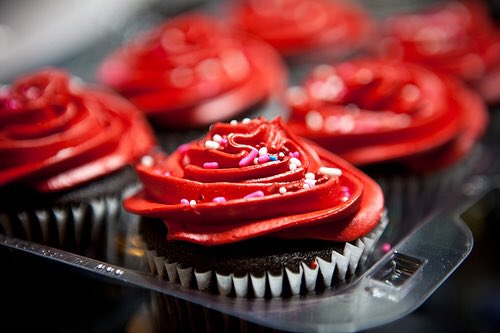 tayeon and chocolate cupcake with red frosting 🍰