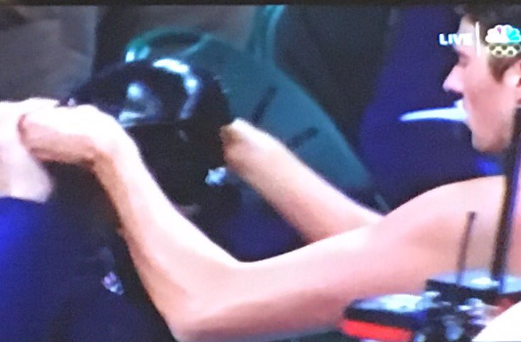 DaveWComedy's tweet photo. #Phelps head finally got too big. #BrokenCap #Rio2016 #Gold #Olympics https://t.co/8CYVRxthTt