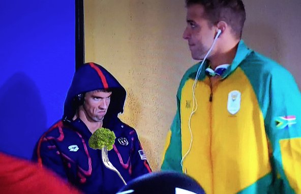 AxReux's tweet image. I feel your pain Mr Phelps #MichaelPhelps #MTVHottest #Rio2016 #RioOlympics2016 #Broccoli