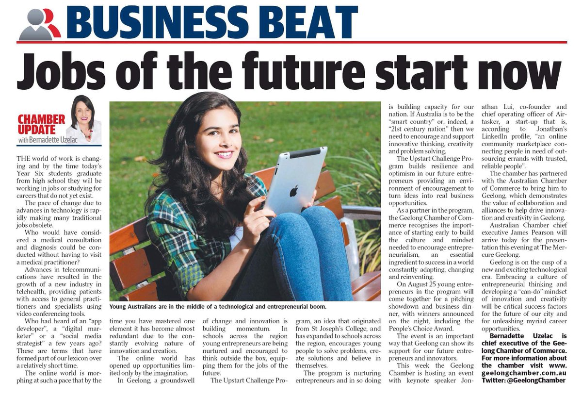 #JobsoftheFuture start now. <a href="/Bern_Uzelac/">Bernadette Uzelac AM</a> article in <a href="/geelongaddy/">Geelong Advertiser</a> today geelongchamber.com.au/public/latest-…