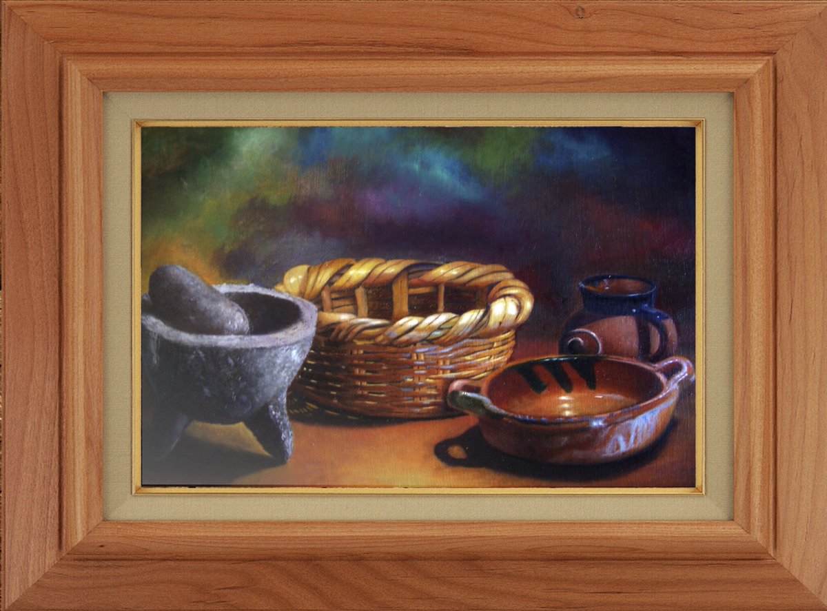 molcajete y canasto oleo sobre tela