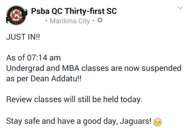 BMS_psbaqc's tweet photo. Classes are now suspended. Stay safe and dry everyone! https://t.co/SNkyVLW8GP