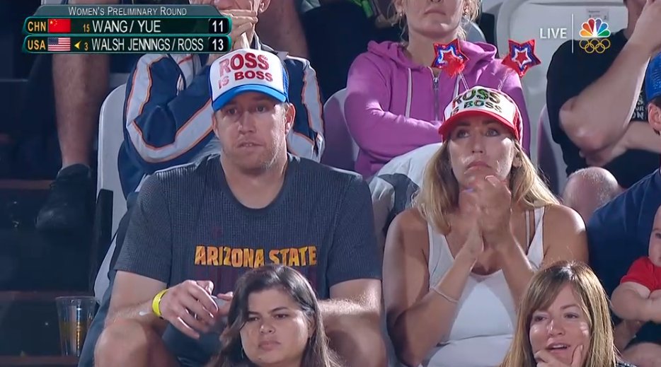 TheSunDevils's tweet photo. Beach VB Coach Brad Keenan cheers for his wife @AprilRossBeach &amp; @kerrileewalsh #ForksUp #Rio2016 via @NBCOlympics https://t.co/ETMetYzai3