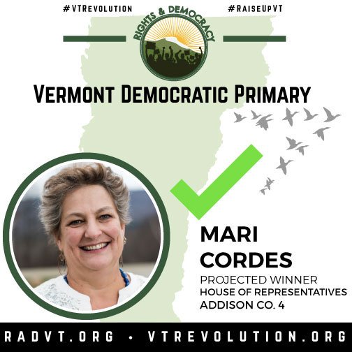 RightsVT's tweet photo. Congratulations Mari Cordes, projected winner in tonight's primary for ADD-4 State Rep! #vtpoli #VTRevolution https://t.co/5POZnxmQc5