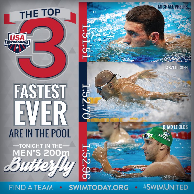 USASwimming's tweet photo. In 5 minutes, @MichaelPhelps looks to take back his title in the 200m FL in #Rio! #SwimUnited https://t.co/ZGXmPSQGDN