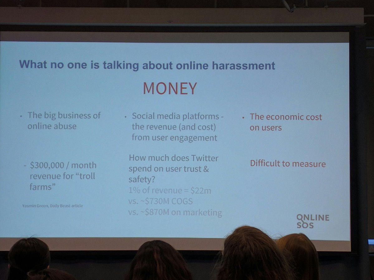 cczona's tweet photo. "Always follow the money. Who economically benefits from online harassment?" #pyladiessf https://t.co/HGSiO4ohCI