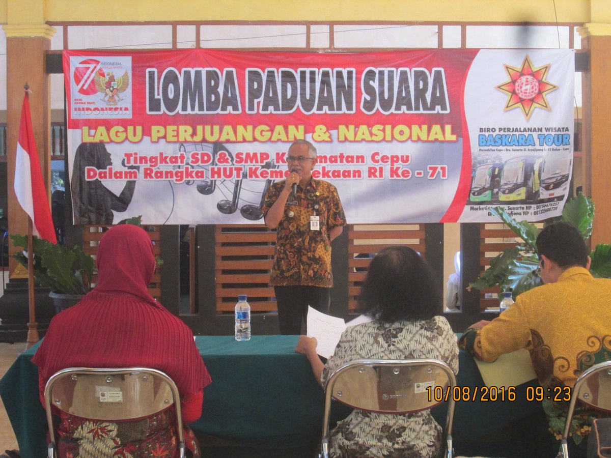 KECAMATANCEPU's tweet photo. 9-10/8/16, LOMBA PADUAN SUARA TINGKAT SD/SMP DI PENDOPO KECAMATAN CEPU DLM RANGKAIAN PERINGATAN HUT RI KE-71 https://t.co/Gsp7aVmLYI