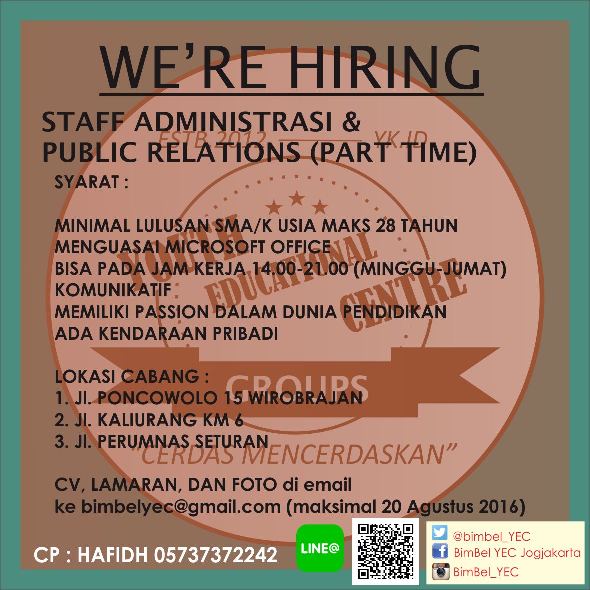 #jogjalowker <a href="/YECofficial/">YEC Private Official</a>: staff admin parttime| min.SMA, komunkatif, ada kendaraan |Bimbel YEC Groups 085737372242