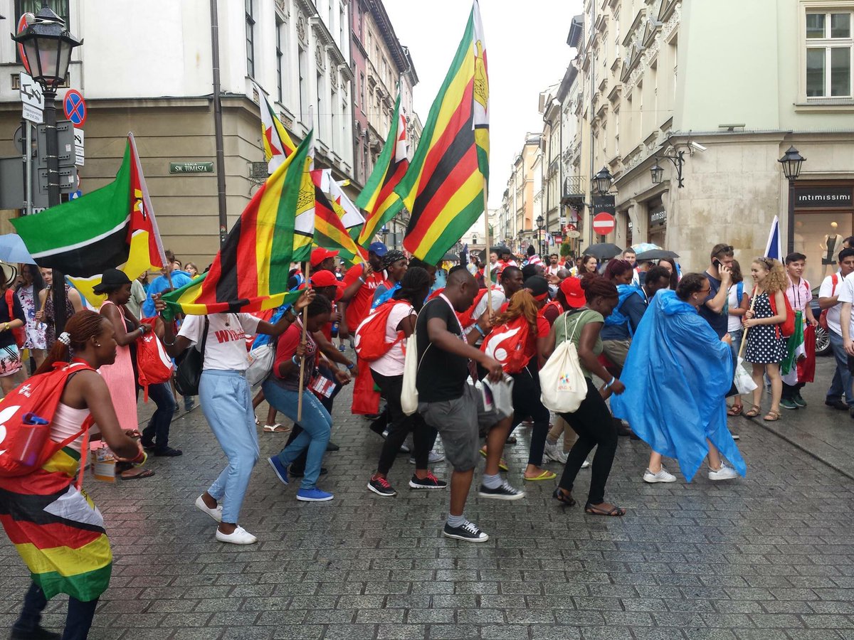 MagisZimbabwe's tweet photo. Raising our country flag in a positive manner of course. Reliving the World Youth Day moments. #Krakow2016 #beMAGIS https://t.co/git34lI9tv