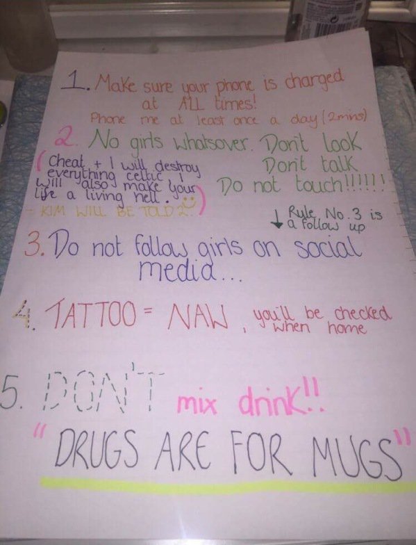 R1Breakfast's tweet photo. Whitney has written 10 rules for her boyfriend! He's about to go on a lads holiday to Magaluf. Good luck everyone 😳 https://t.co/jYF3MulqJf