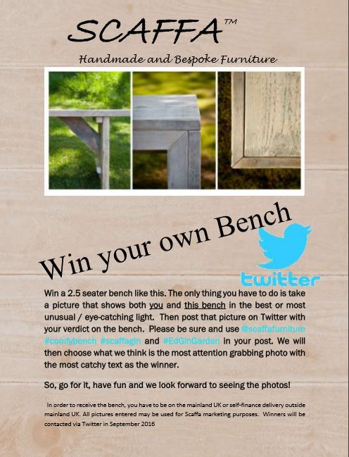 scaffafurniture's tweet photo. Win a #Scaffa #Bench! Visit #EdGinGarden, post pic of you on our bench, tag @scaffafurniture #comfybench #scaffagin https://t.co/uhAnsu8HGP