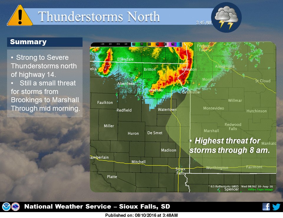NWSSiouxFalls's tweet image. A strong #bowecho will remain to the north, but a few new thunderstorms could develop south early this morning.