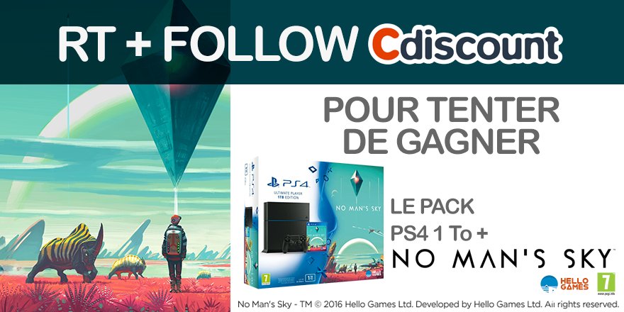 Cdiscount's tweet photo. RT + Follow @Cdiscount pour tenter de gagner le pack PS4 + #NoMansSky 🎮 ! 
➡️ https://t.co/meRtKPVHgn ⬅️ https://t.co/nvB0TmZL5o