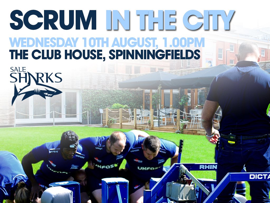 SaleSharksRugby's tweet photo. #ScrumInTheCity! Make sure you pop into @TheClubHouseMCR to see the action if you're around @Spinningfields at 1pm https://t.co/VubjaDwC1J