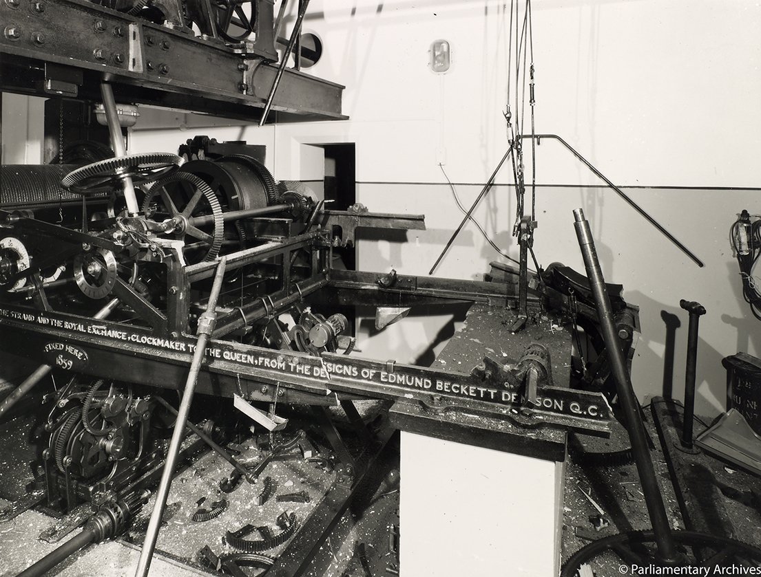 UKParlArchives's tweet photo. 40 years ago today! The pendulum weights of #GreatClock fell. Leaving #BigBen silenced for 9 months. See pics below https://t.co/na3DWgUafX