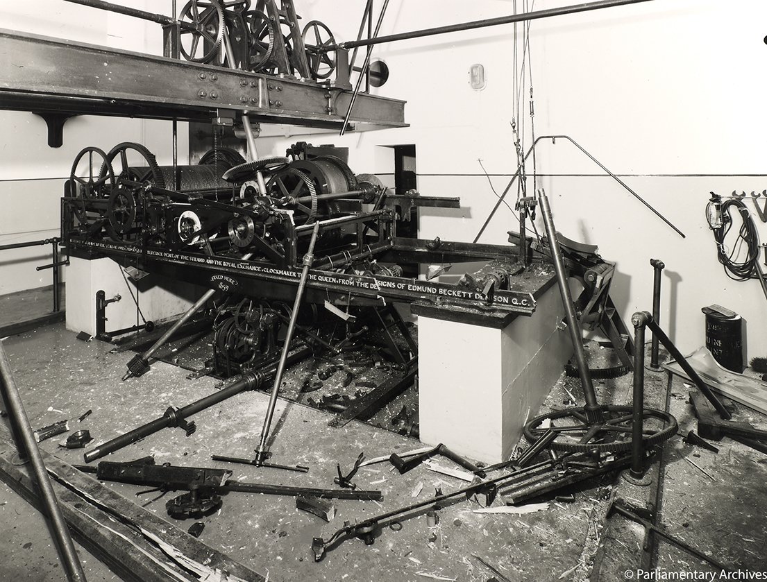 UKParlArchives's tweet photo. 40 years ago today! The pendulum weights of #GreatClock fell. Leaving #BigBen silenced for 9 months. See pics below https://t.co/na3DWgUafX