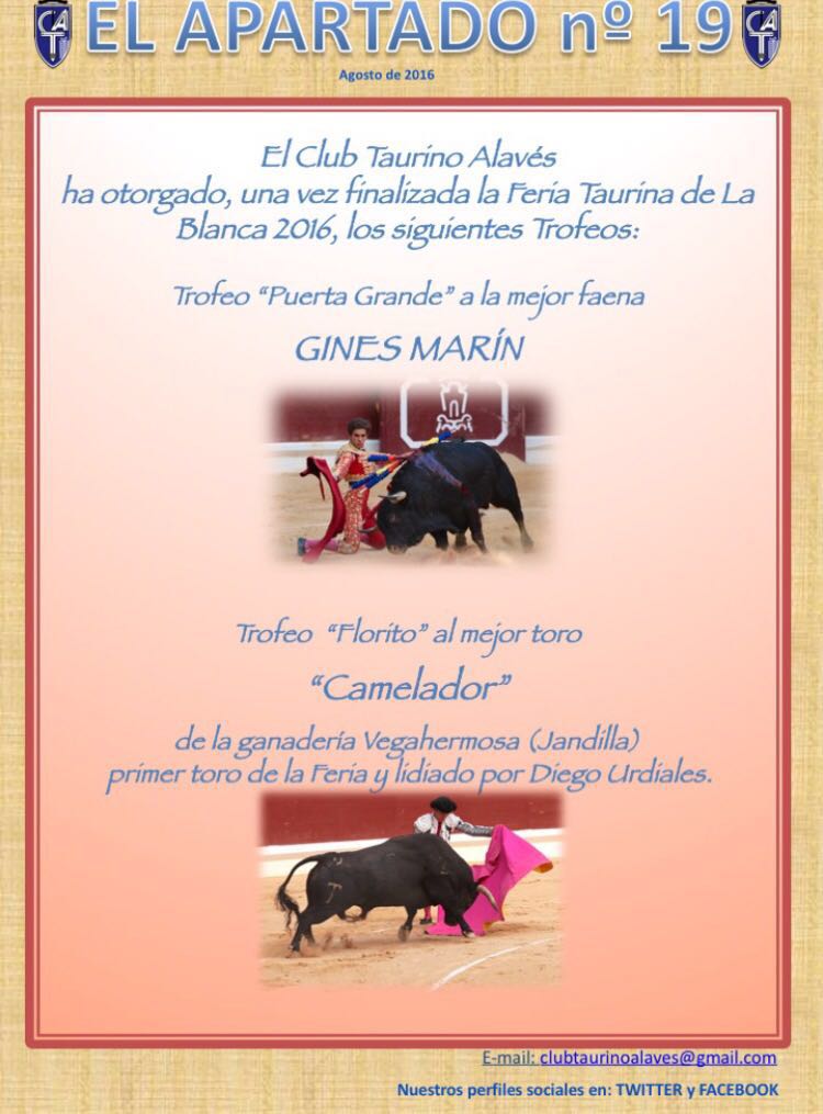 ginesmarin_info's tweet photo. @toreria premiado por @CTAlaves trofeo"Puerta Grande"a la mejor faena de la Feria de Vitoria https://t.co/nIamJzpxrA https://t.co/04n4wp8gX7