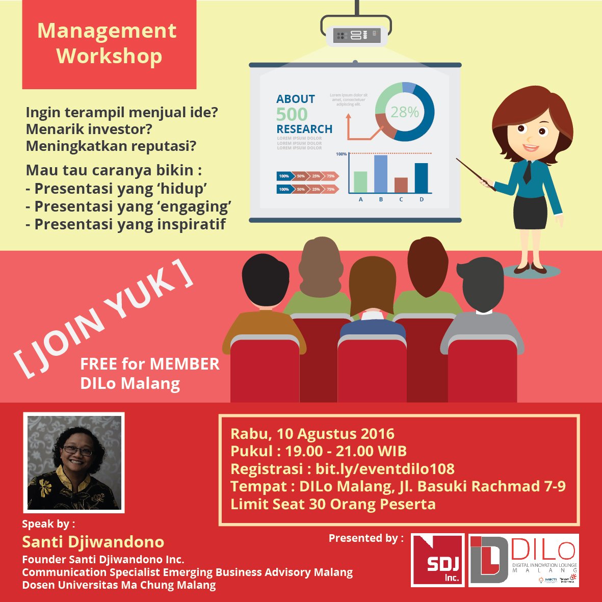 Yuk ke @DiLoMalang sebentar lagi ada workshop Management PResentation &amp; Public Speaking bareng SDJ.Inc :)