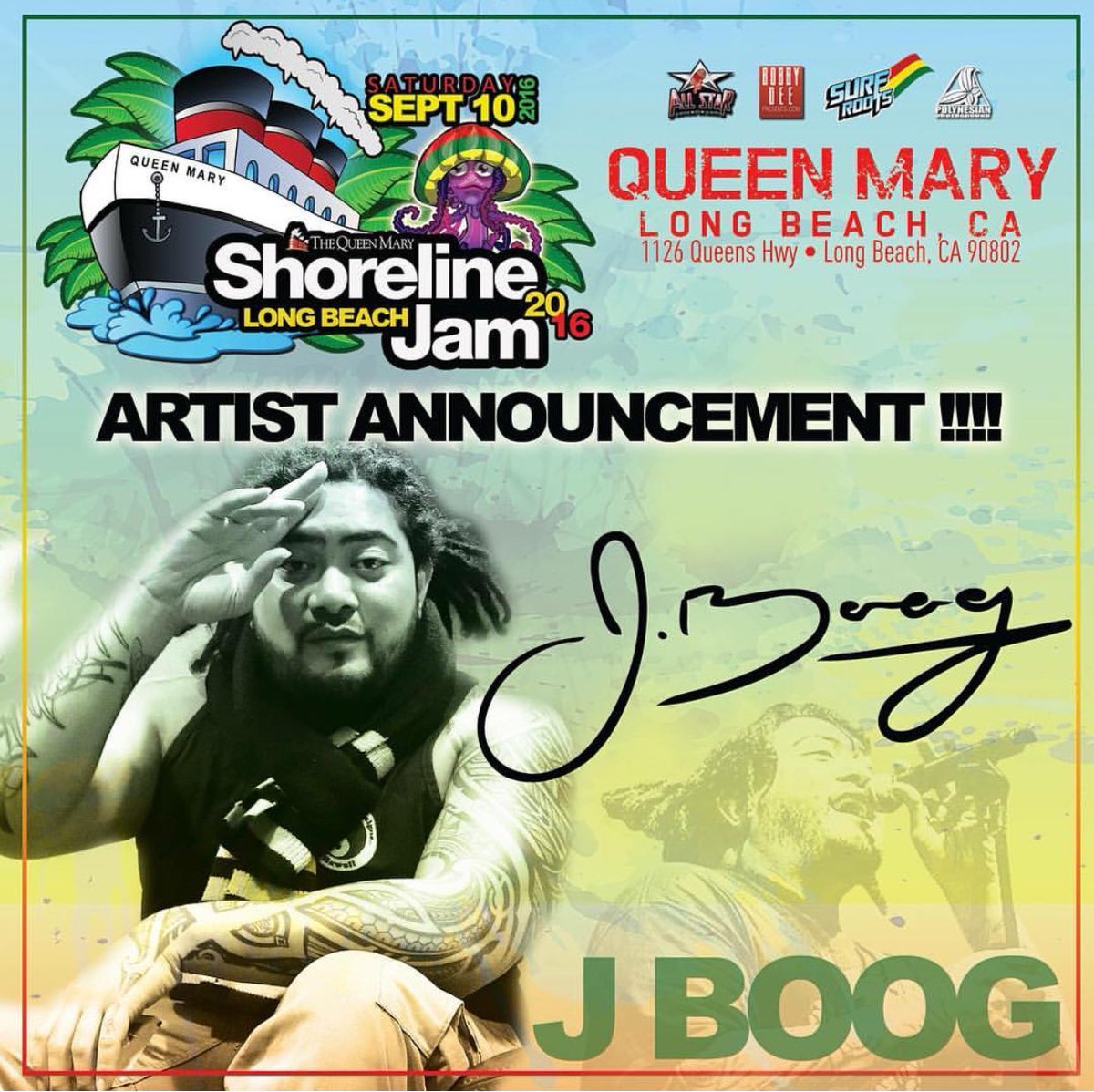 SurfRootsRadio's tweet photo. Stoked to announce @JBoogMusic has been added to #ShorelineJam! Sept 10 @ Queen Mary LBC https://t.co/O5EOgS529t 🚢💦💦 https://t.co/rJ2PvICCB7