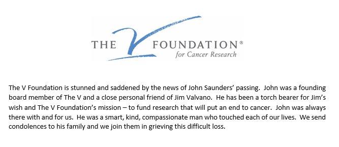 Statement from Susan Braun, CEO of The V Foundation, on the passing of John Saunders.