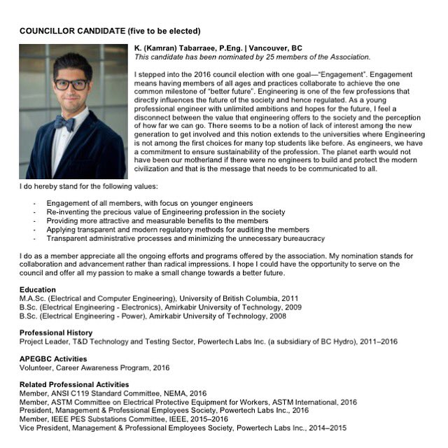 kamtabar's tweet photo. I have been #Nominated for the position of #Councillor" in the #APEGBC 2016 #Council #Election.
#VOTE #Engagement https://t.co/IUuwnlhPt0