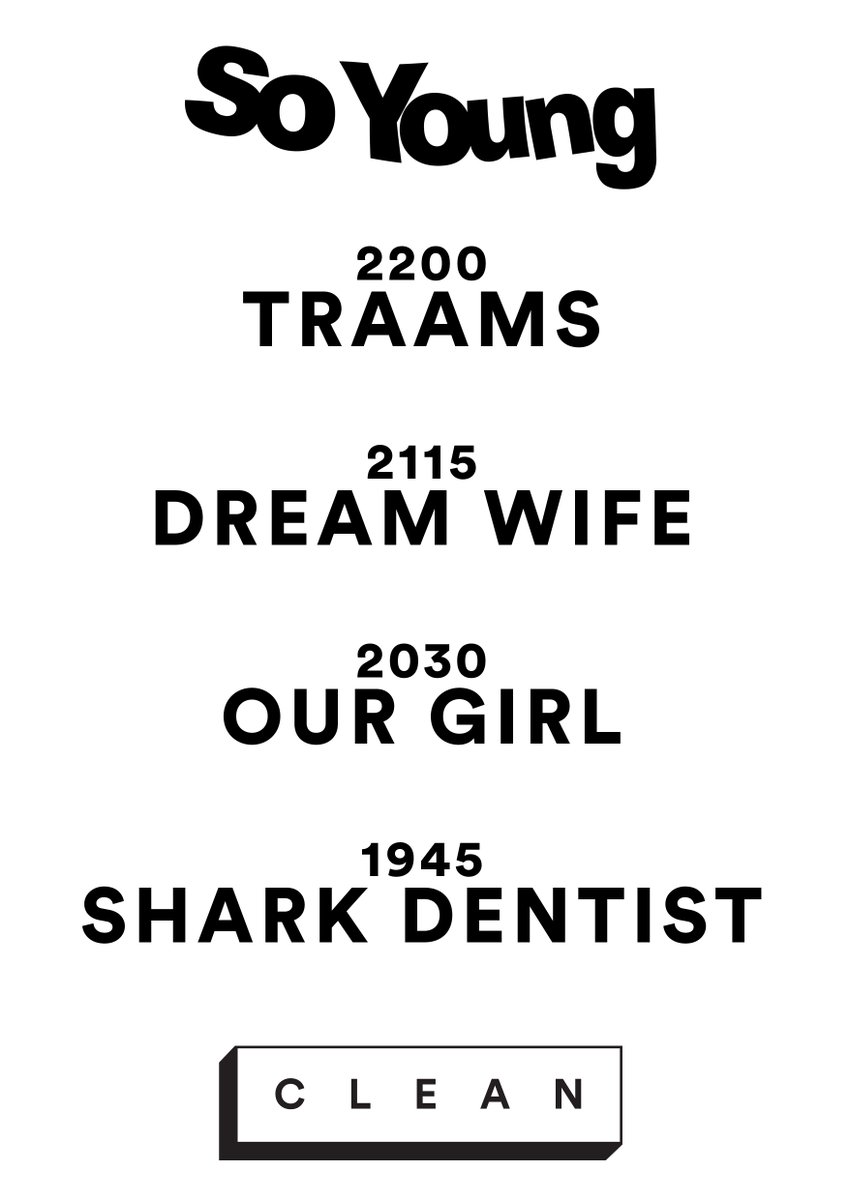 times for tonight 🍻
–
<a href="/SoYoungMagazine/">So Young Magazine</a>
<a href="/TRA_AMS/">TRAAMS</a> 
<a href="/DreamWifeMusic/">Dream Wife</a> 
<a href="/weareourgirl/">Our Girl</a> 
<a href="/DentistShark/">SHARK DENTIST</a> 
–
<a href="/theoldbluelast/">The Old Blue Last</a>