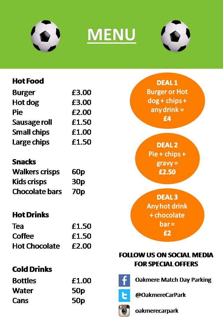 OakmereCarPark's tweet photo. This week's menu for #EvertonFC V #TottenhamHotspurFC + FREE ice pops for kids this week only https://t.co/XB0fzHvPY2