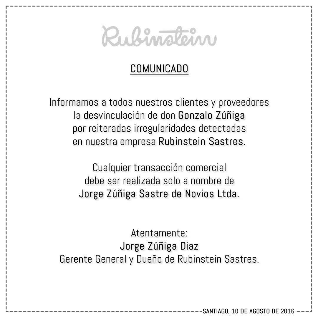 RubinsteinStore's tweet image. Comunicado oficial Jorge Zúñiga Sastre de Novios Ltda.