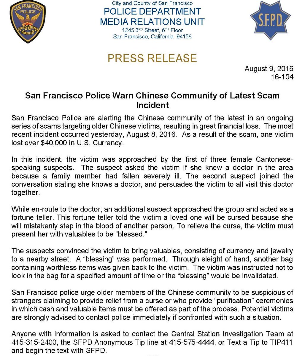 SFPDBayview's tweet photo. Chinese Blessing Scam - Don't be a victim! See Press release: https://t.co/BNDaQ5XjhD