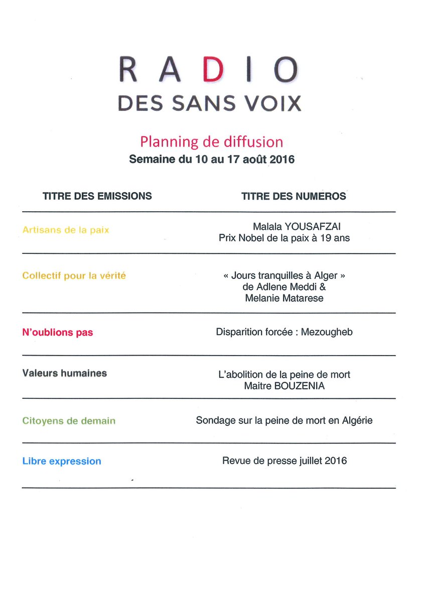 radiosansvoix's tweet photo. Programme des émissions réalisées par la Radio des Sans Voix, pour la semaine du 10 au 17 Aout 2016,
Bonne écoute. https://t.co/tY8Oc4ocDy