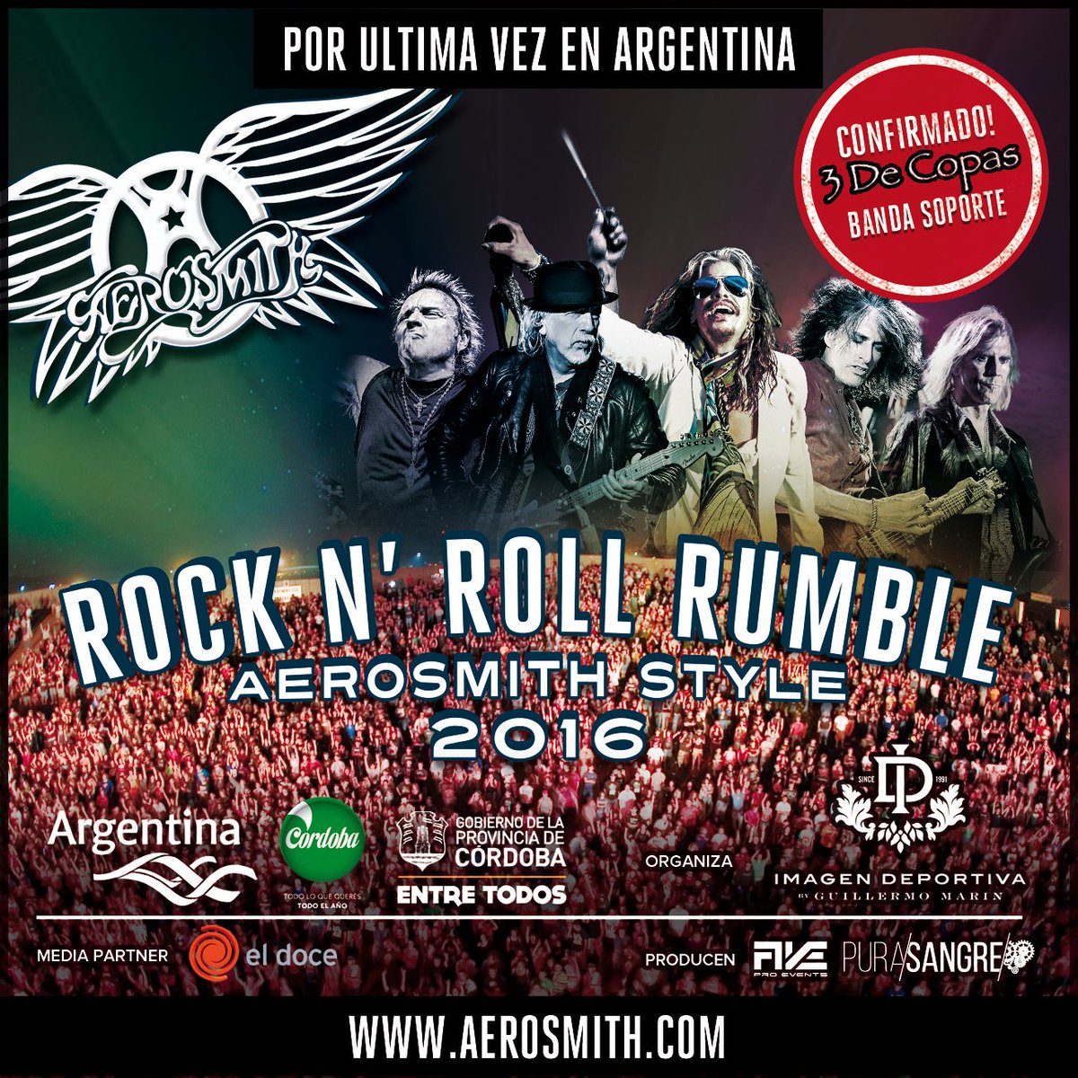 3decopas's tweet photo. Confirmamos la banda soporte para este tremendo #show!
#3decopas!!!
¡Falta cada vez menos! #AerosmithEnCordoba https://t.co/ES0rex5Ojw