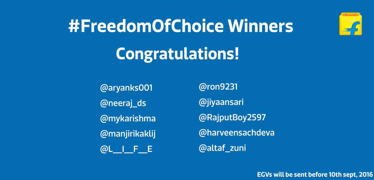 Flipkart's tweet photo. Here are the winners of #FreedomOfChoice contest! Congratulations. https://t.co/TLnALv2m8I