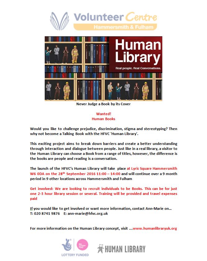 HFVC's tweet photo. Do you want to challenge discrimination? Become a #volunteer Human Book @HFVC #humanlibraryuk. Call: 02087419876 https://t.co/3czloc5WsS