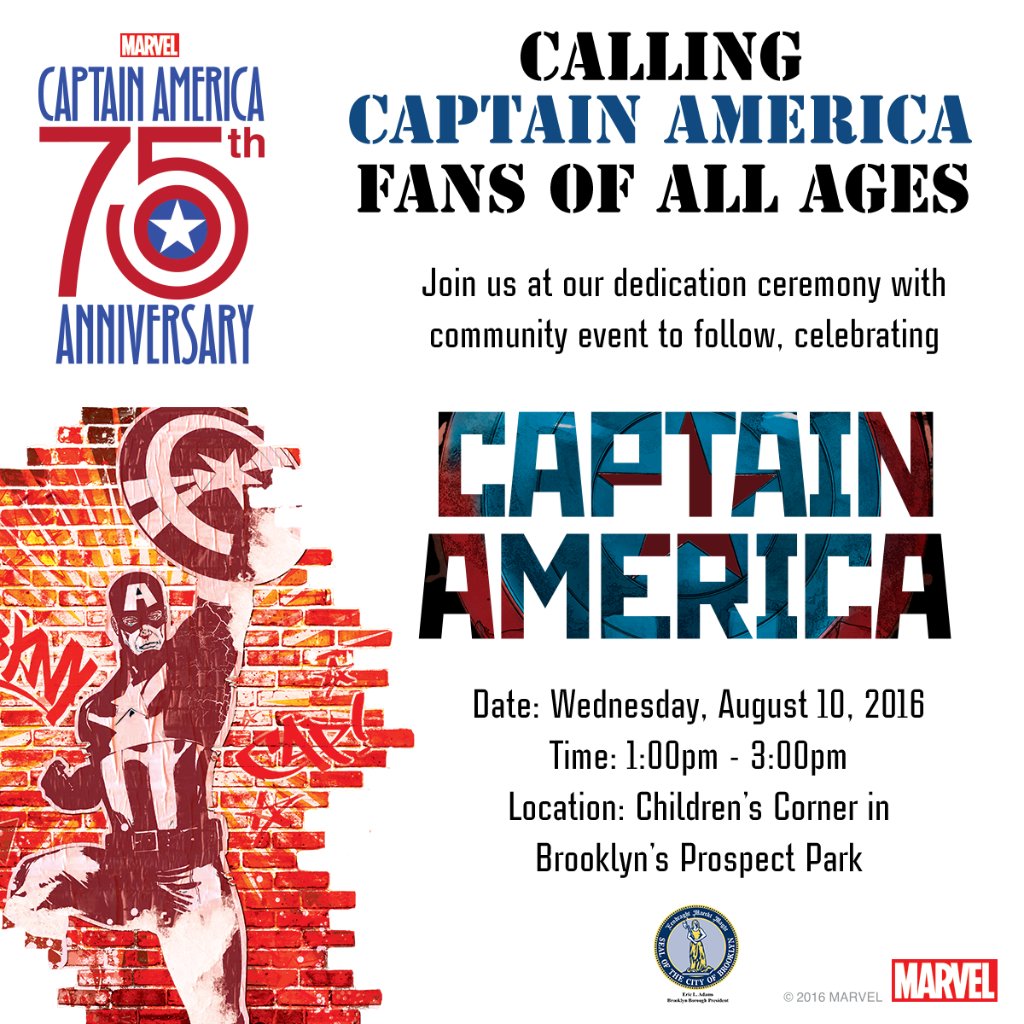 Marvel's tweet image. Attention, New Yorkers! Join us at Prospect Park today for the @CaptainAmerica  ceremony and see the #Cap75 statue.