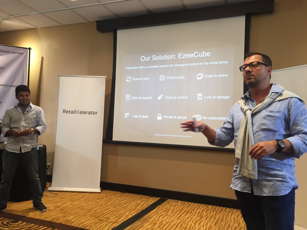 RetailXelerator's tweet photo. Ashok &amp; Pascal, @EzeeCube - the in-home cloud for all content - legacy AND digital! #retailpitchday https://t.co/h7oTwTOTR8