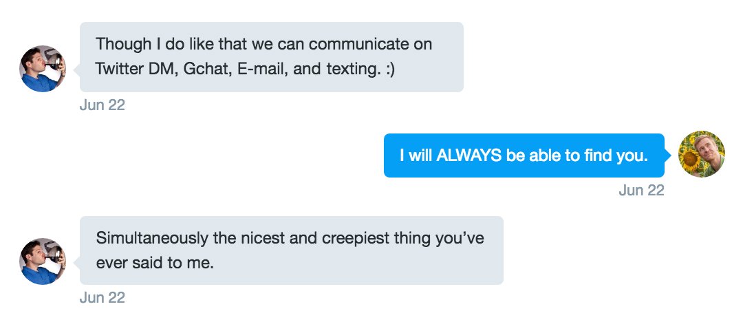 When your friendship reaches stalker status and your friend is totally cool with it. <a href="/robbloomcw/">Rob Bloom</a> is the best.