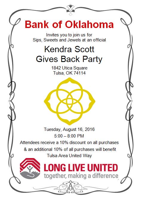 Join BOK on Aug. 16 at Kendra Scott! 10% discount on all purchases and an additional 10% benefiting your United Way!