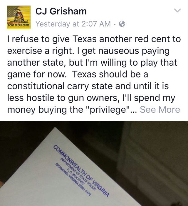 lbeckman's tweet image. .@joanhuffman .@whitmire_john UR gun reciprocation laws are dngrus. CHL by mail too easy for criminals 2get #gunsens