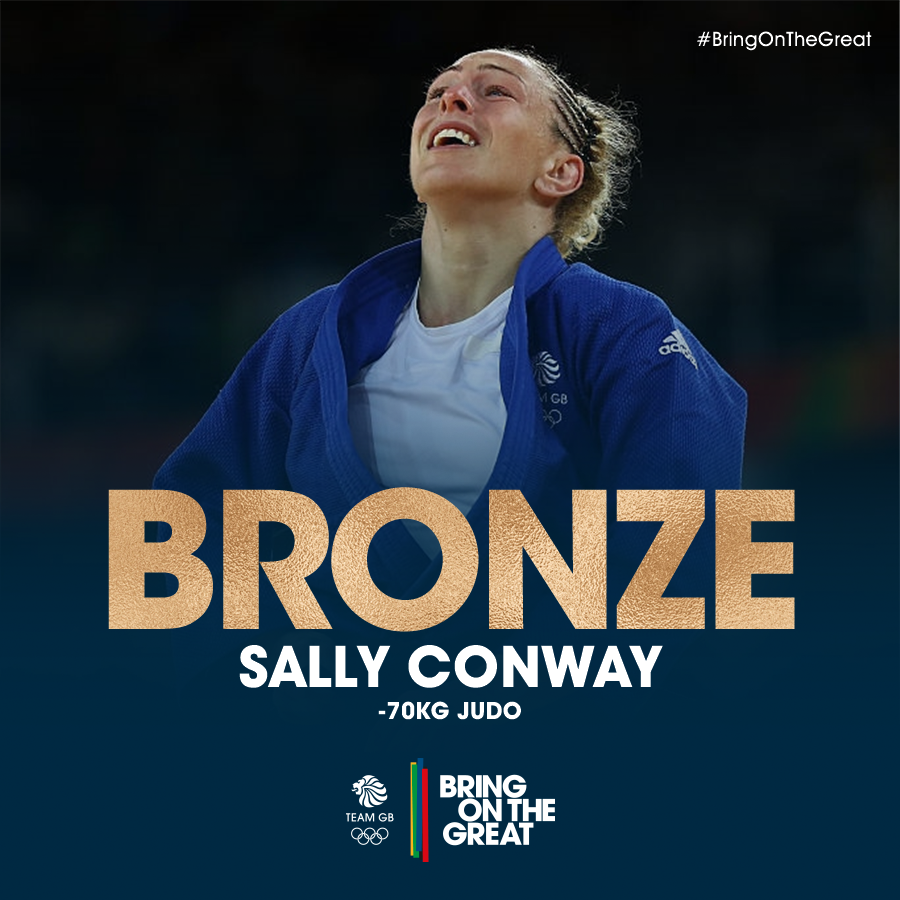 TeamGB's tweet photo. A BRILLIANT #BRONZE  for @sconway70!
What an amazing day or Sally! Congrats!
#BringOnTheGreat #Judo #Rio2016 https://t.co/4gH6DgFg1V